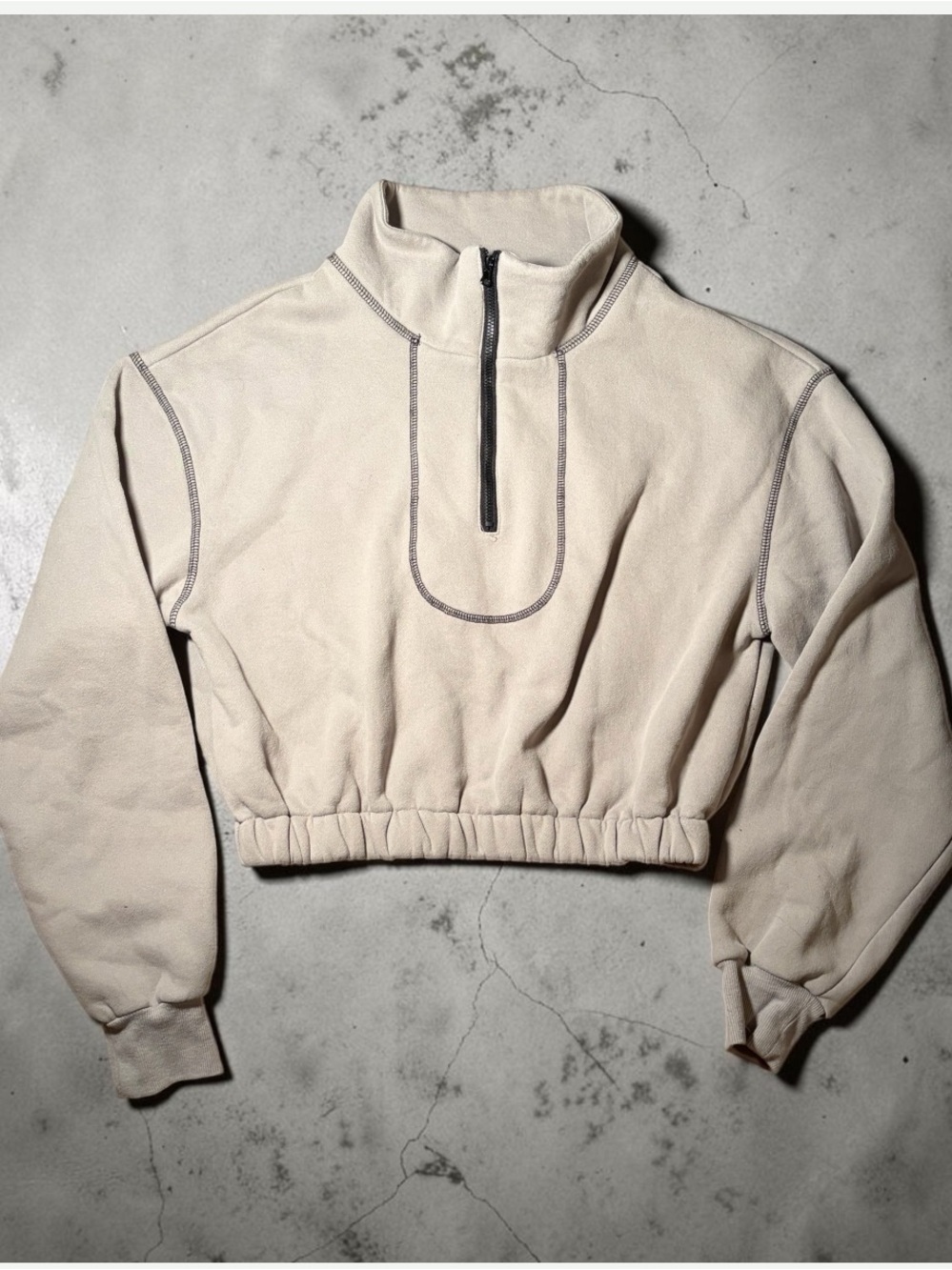 Neutral Cropped Quarter Zip Pullover Fleece Sweatshirt  Small